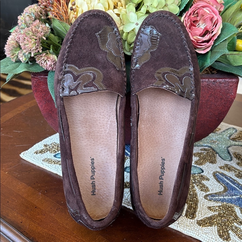 Hush Puppies Genuine Suede Regent Chocolate Brown Slip On Loafers Floral Flats